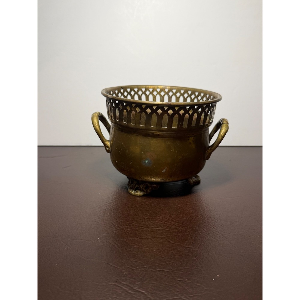 Vintage Brass Footed Cachepot Planter Urn with Pierced Gallery Rim